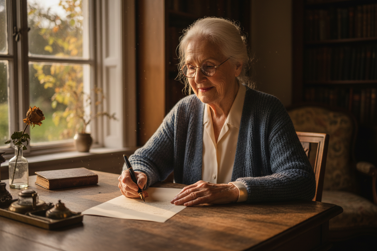 an elderly woman writing a letter