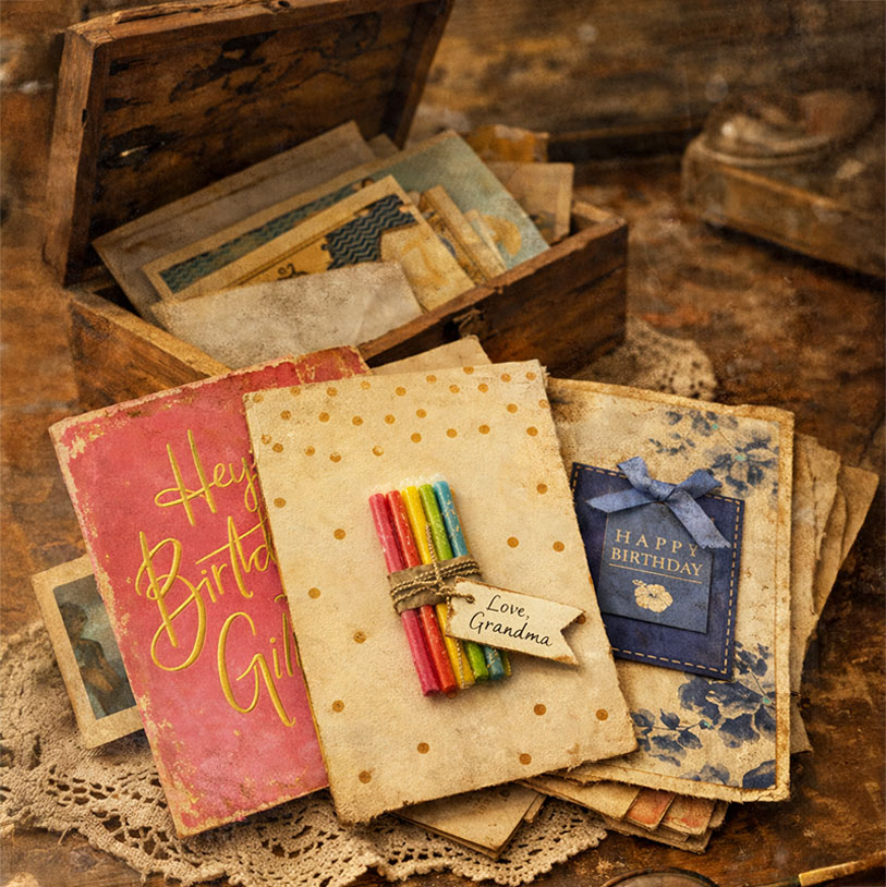 A stack of vintage birthday cards, including one with colorful candles and a Love, Grandma tag, lies on a lace cloth beside an open wooden box filled with more old letters and cards.