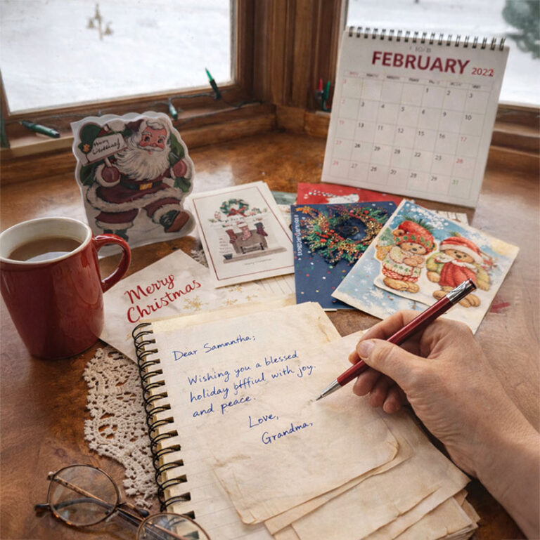 A person writes a holiday letter in a notebook next to a red mug, Christmas cards, a doily, and a calendar showing February 2022 on a wooden windowsill with snow visible outside.