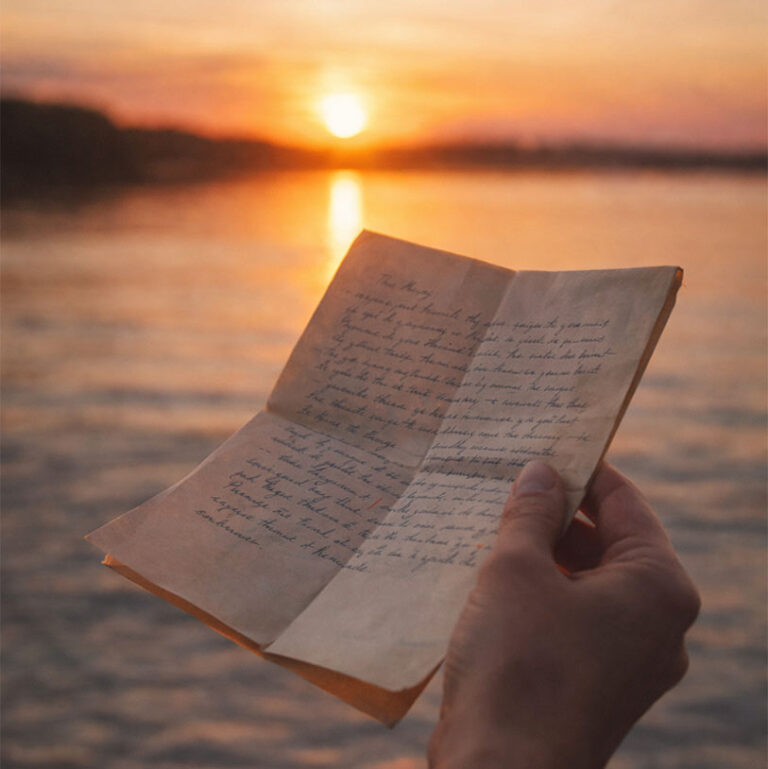 A person holds a handwritten letter while standing by the water at sunset, with warm sunlight reflecting on the calm surface and a distant shoreline in the background.