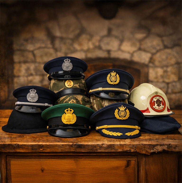 A collection of seven uniform caps and helmets from various services, including police, military, and fire brigade, neatly arranged on a wooden surface with a stone wall in the background.