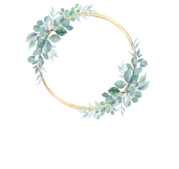 A delicate green leafy wreath with gold accents surrounds the overlapping white letters L and F. Beneath the wreath, elegant script spells out Letters Forever on a light background.