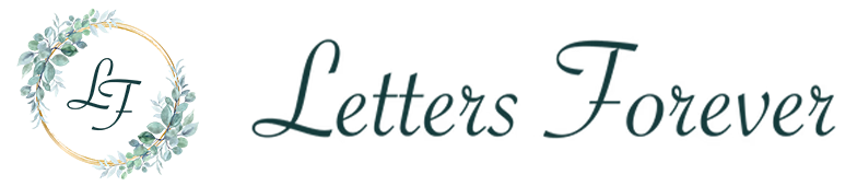 Logo for Letters Forever with elegant cursive text. To the left, a gold hoop with green leaves and the initials “LF” in script inside the hoop. The background is light gray.