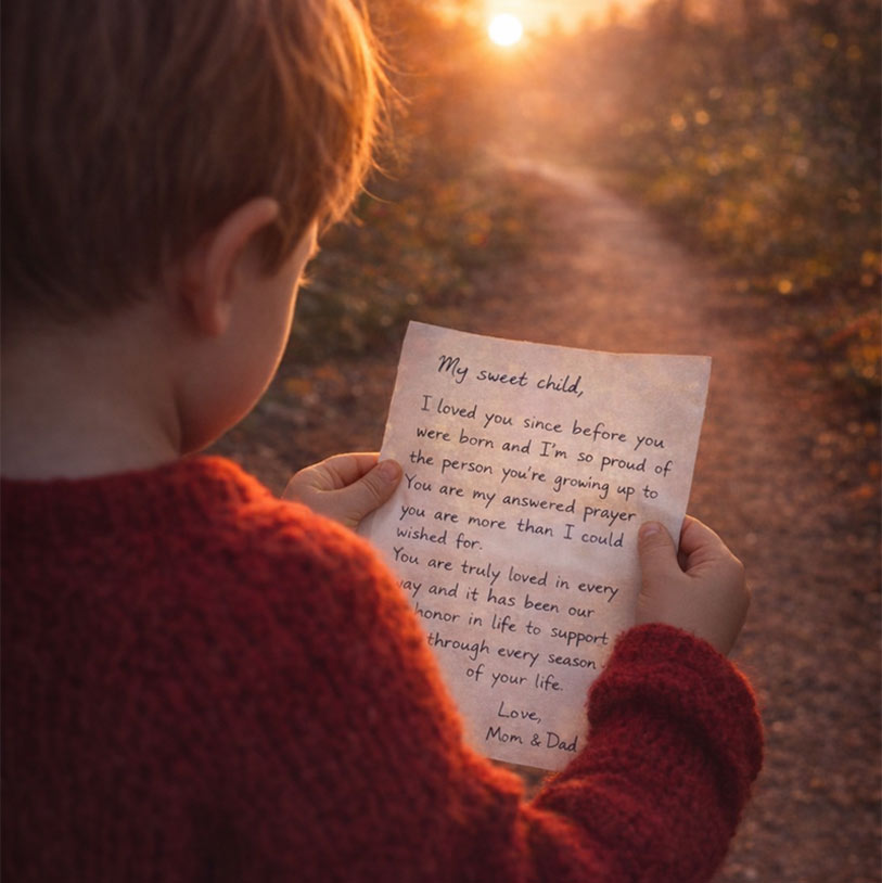 A young child in a red sweater stands on a sunlit path, holding and reading a heartfelt letter addressed to them from their parents. The warm light creates a gentle, nostalgic atmosphere.