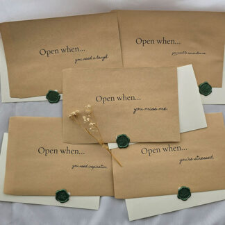 The Memory Vault includes five brown envelopes with black cursive “Open when...” prompts like “you need a laugh” or “you’re stressed,” each adorned with green wax seals and dried flowers.