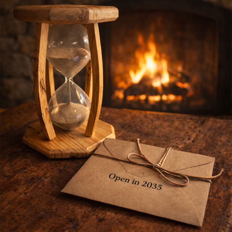 A wooden hourglass and a brown envelope labeled Open in 2035 rest on a wooden table, with a lit fireplace in the background.