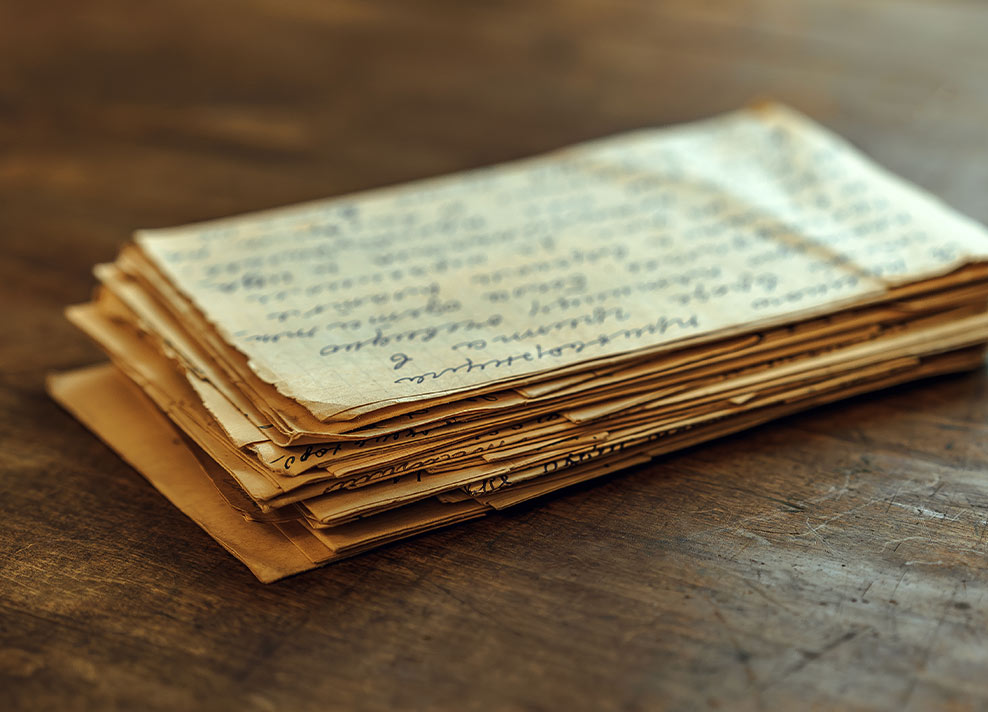 A stack of old handwritten letters rests on a wooden surface. The paper appears yellowed with age, and the cursive writing is visible but not fully readable.