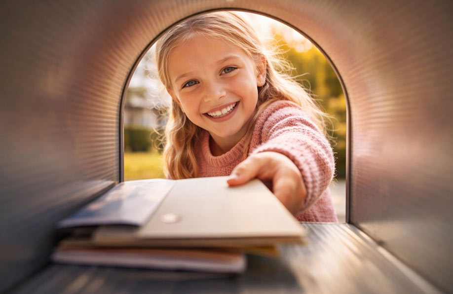 A smiling young girl with blonde hair, wearing a pink sweater, reaches into a mailbox to retrieve letters, seen from inside the mailbox. The background is softly lit and outdoors.