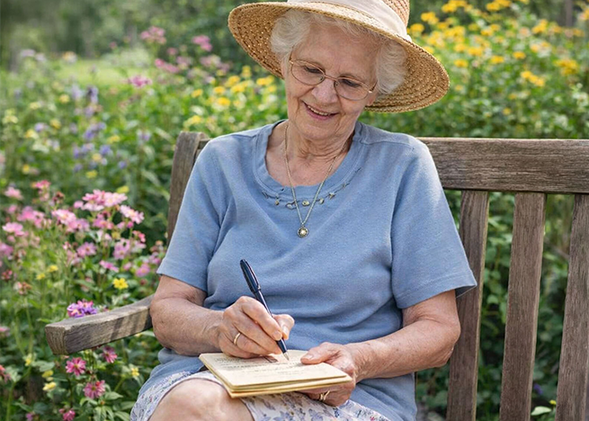 An elderly woman in a sun hat and blue shirt sits on a wooden bench in a garden, smiling as she writes in a notebook surrounded by colorful flowers.