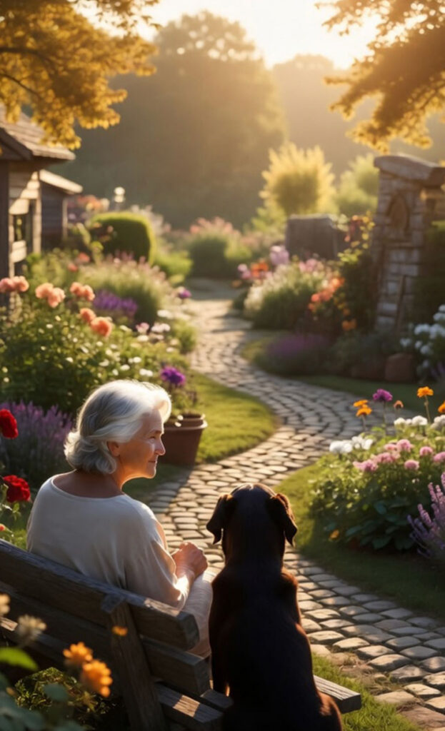 An elderly woman with white hair sits on a wooden bench beside a black dog in a colorful, flower-filled garden at sunset. A winding stone path leads through the lush, sunlit greenery.