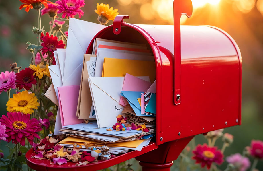 A bright red mailbox overflowing with colorful envelopes and letters, surrounded by vibrant flowers, with warm sunlight shining in the background.