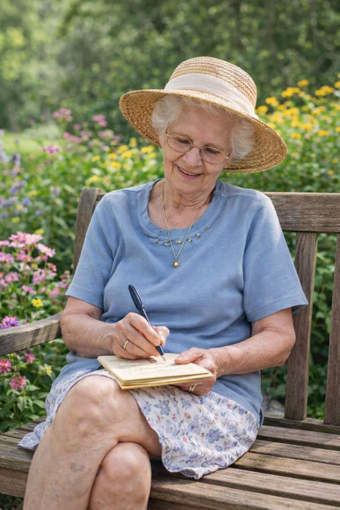 An elderly woman wearing a straw hat and glasses sits on a wooden bench in a garden, smiling as she writes in a notebook. Colorful flowers and greenery surround her on a sunny day.